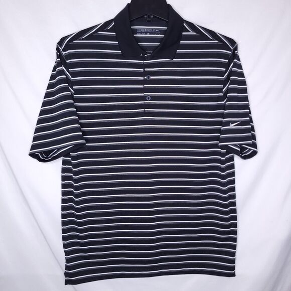 Nike Polo Shirt Mens Medium Striped Black, White Dri Fit Golf Swoosh - Picture 2 of 11